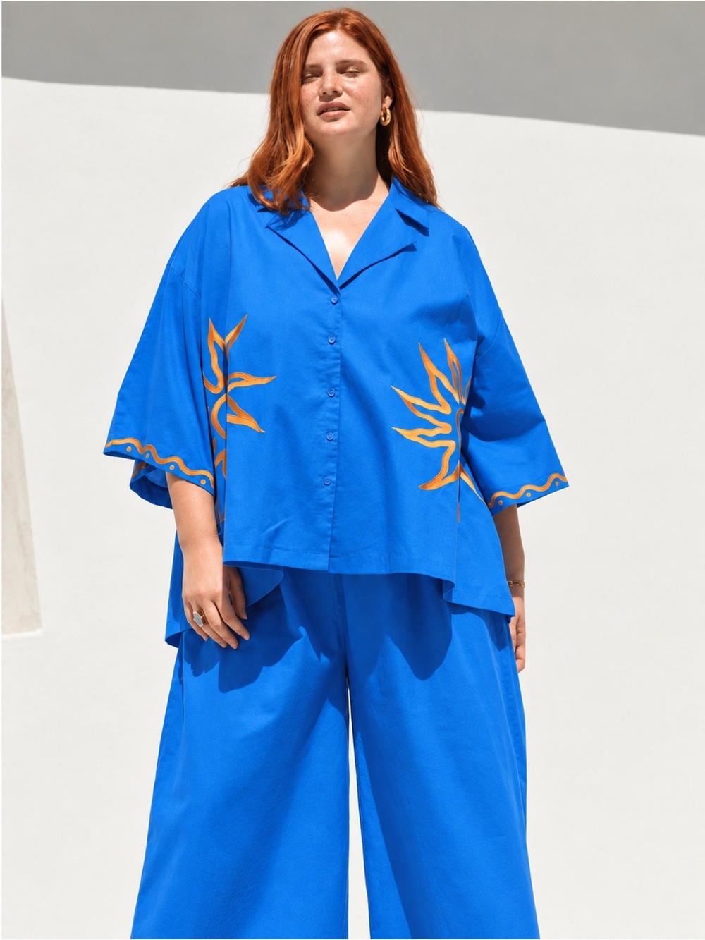 The Lullaby Club Linen Bright Blue Sun-Embroidered Shirt and Wide-Leg Pants Set